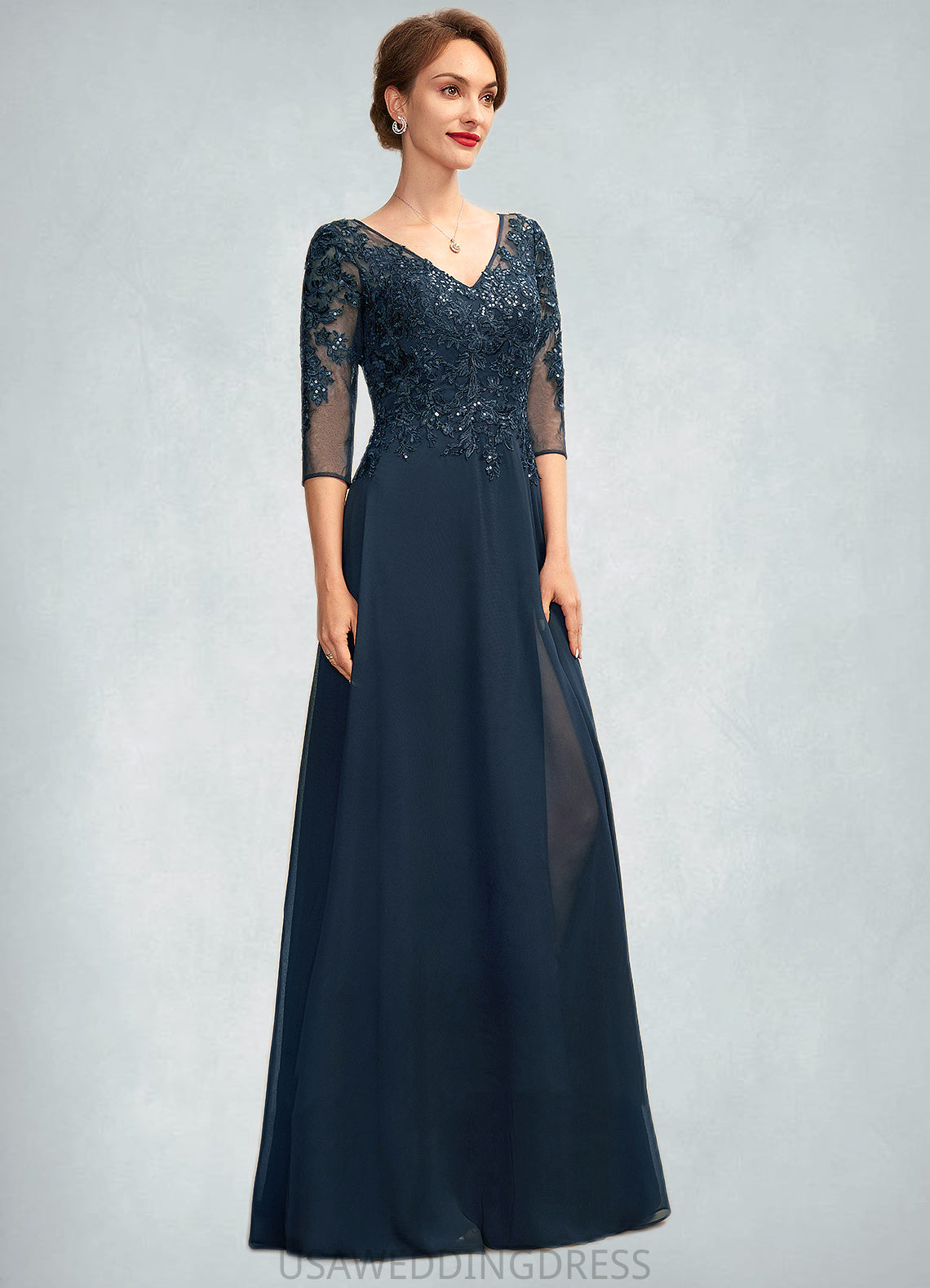 Lilah A-Line V-neck Floor-Length Chiffon Lace Mother of the Bride Dress With Sequins Split Front DS126P0015014