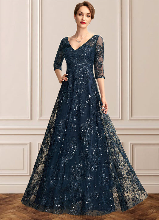 Salome A-Line V-neck Floor-Length Lace Mother of the Bride Dress With Sequins DS126P0015015