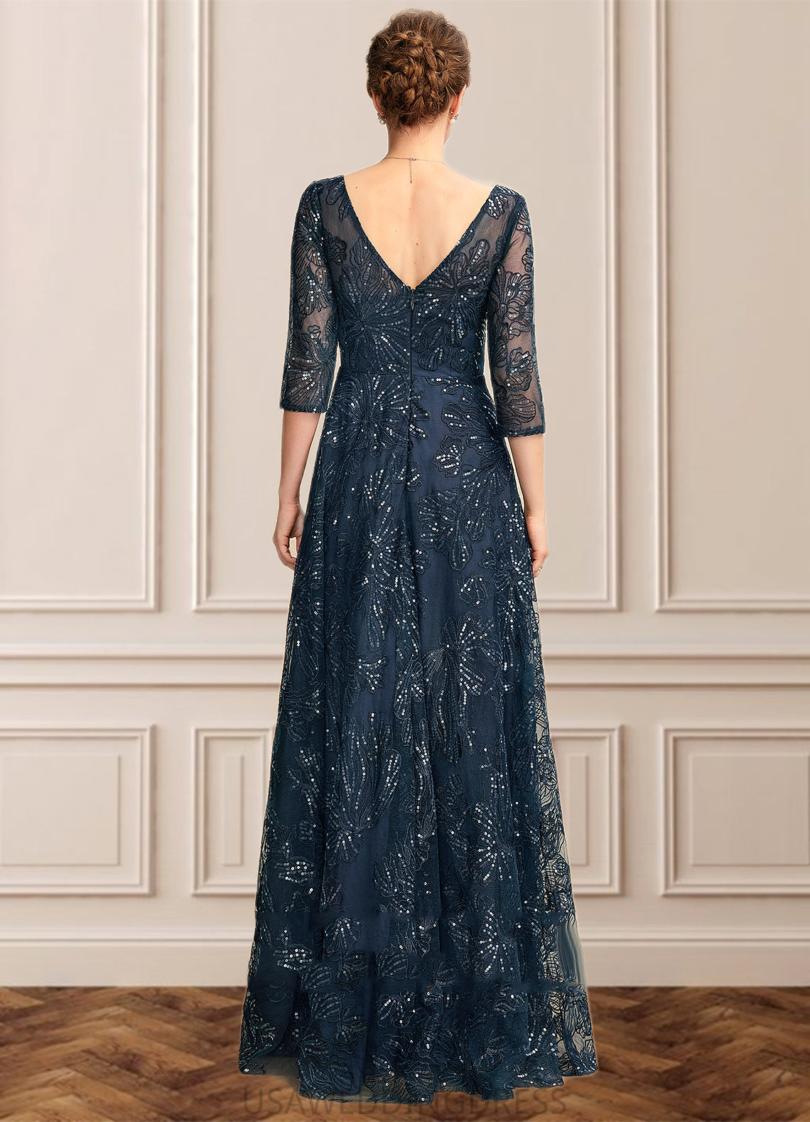 Salome A-Line V-neck Floor-Length Lace Mother of the Bride Dress With Sequins DS126P0015015