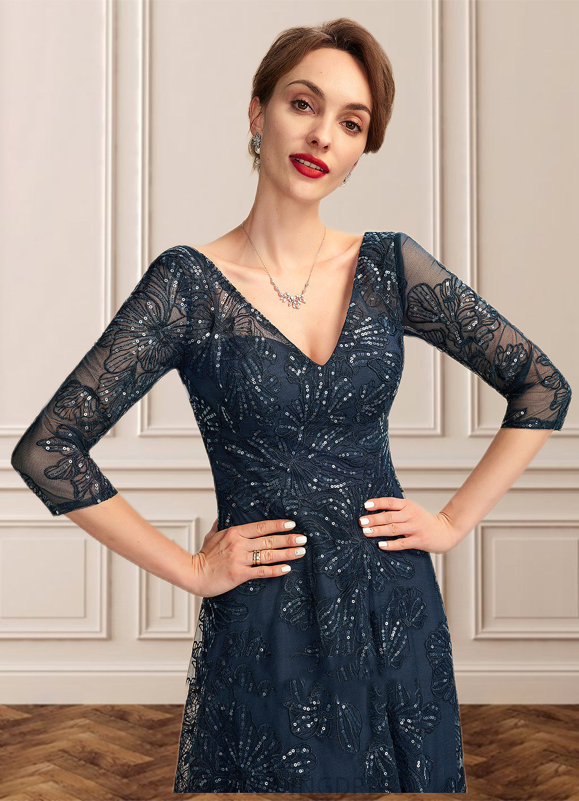 Salome A-Line V-neck Floor-Length Lace Mother of the Bride Dress With Sequins DS126P0015015