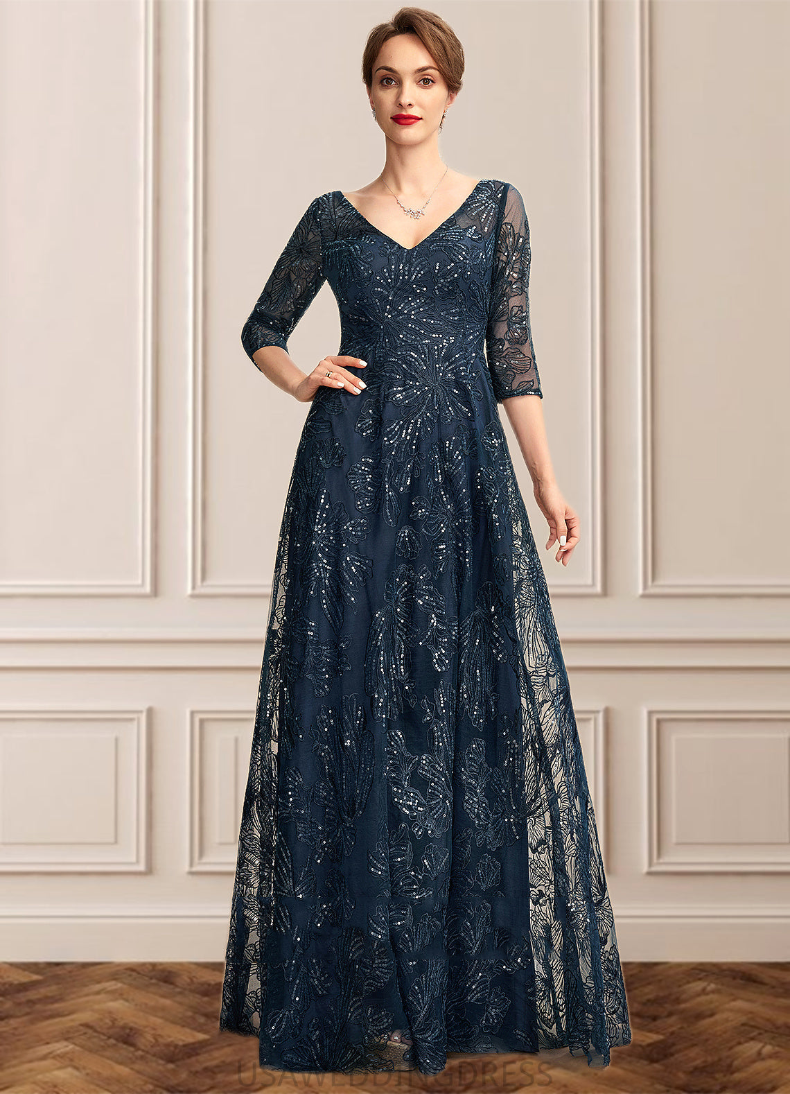 Salome A-Line V-neck Floor-Length Lace Mother of the Bride Dress With Sequins DS126P0015015
