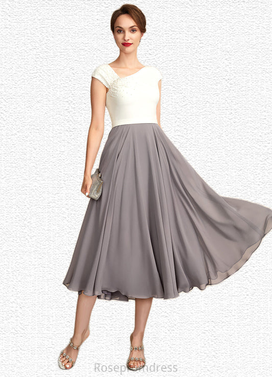 Abril A-Line V-neck Tea-Length Chiffon Mother of the Bride Dress With Ruffle Beading Sequins SRS126P0015016