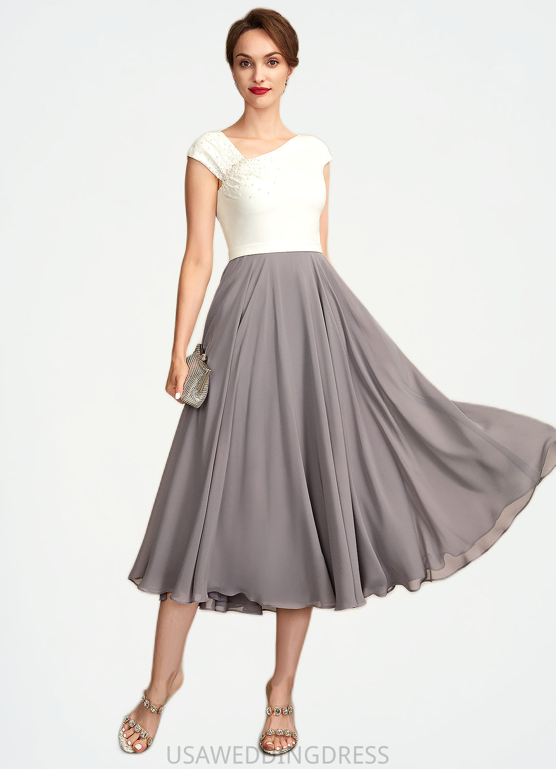 Abby A-Line V-neck Tea-Length Chiffon Mother of the Bride Dress With Ruffle Beading Sequins DS126P0015016