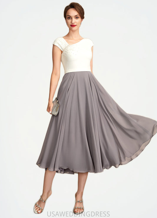 Abby A-Line V-neck Tea-Length Chiffon Mother of the Bride Dress With Ruffle Beading Sequins DS126P0015016