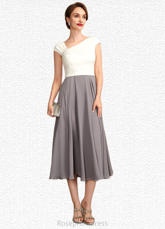 Abril A-Line V-neck Tea-Length Chiffon Mother of the Bride Dress With Ruffle Beading Sequins SRS126P0015016