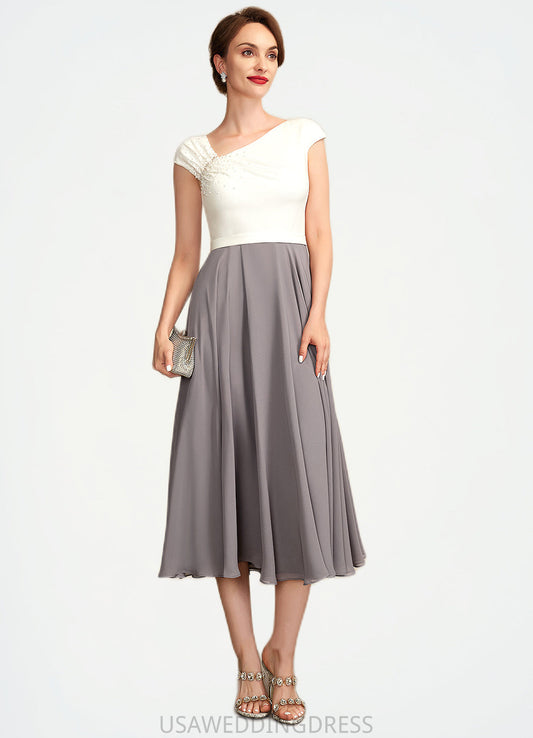 Abby A-Line V-neck Tea-Length Chiffon Mother of the Bride Dress With Ruffle Beading Sequins DS126P0015016