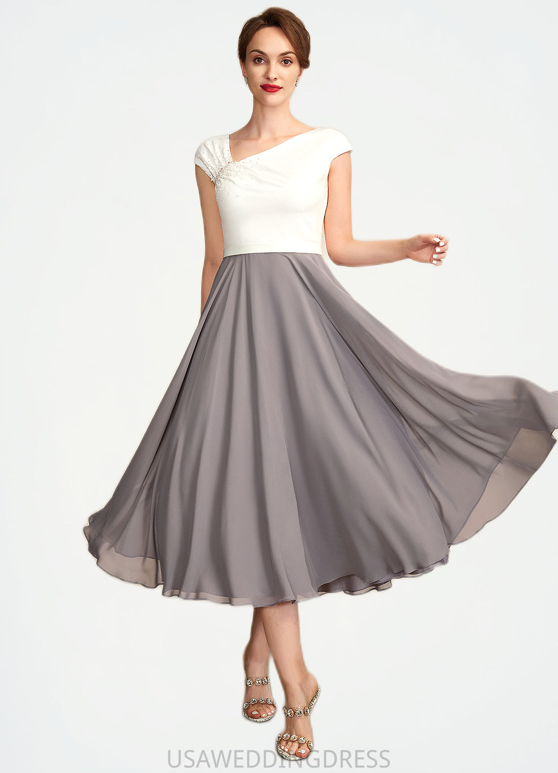 Abby A-Line V-neck Tea-Length Chiffon Mother of the Bride Dress With Ruffle Beading Sequins DS126P0015016