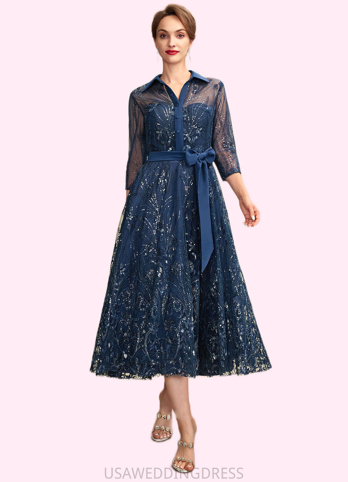 Damaris A-Line V-neck Tea-Length Chiffon Lace Mother of the Bride Dress With Sequins Bow(s) DS126P0015017