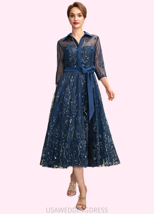 Damaris A-Line V-neck Tea-Length Chiffon Lace Mother of the Bride Dress With Sequins Bow(s) DS126P0015017