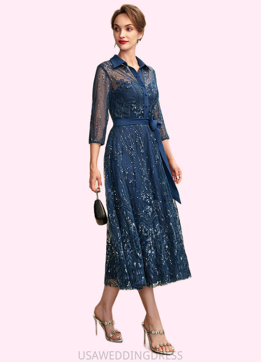 Damaris A-Line V-neck Tea-Length Chiffon Lace Mother of the Bride Dress With Sequins Bow(s) DS126P0015017