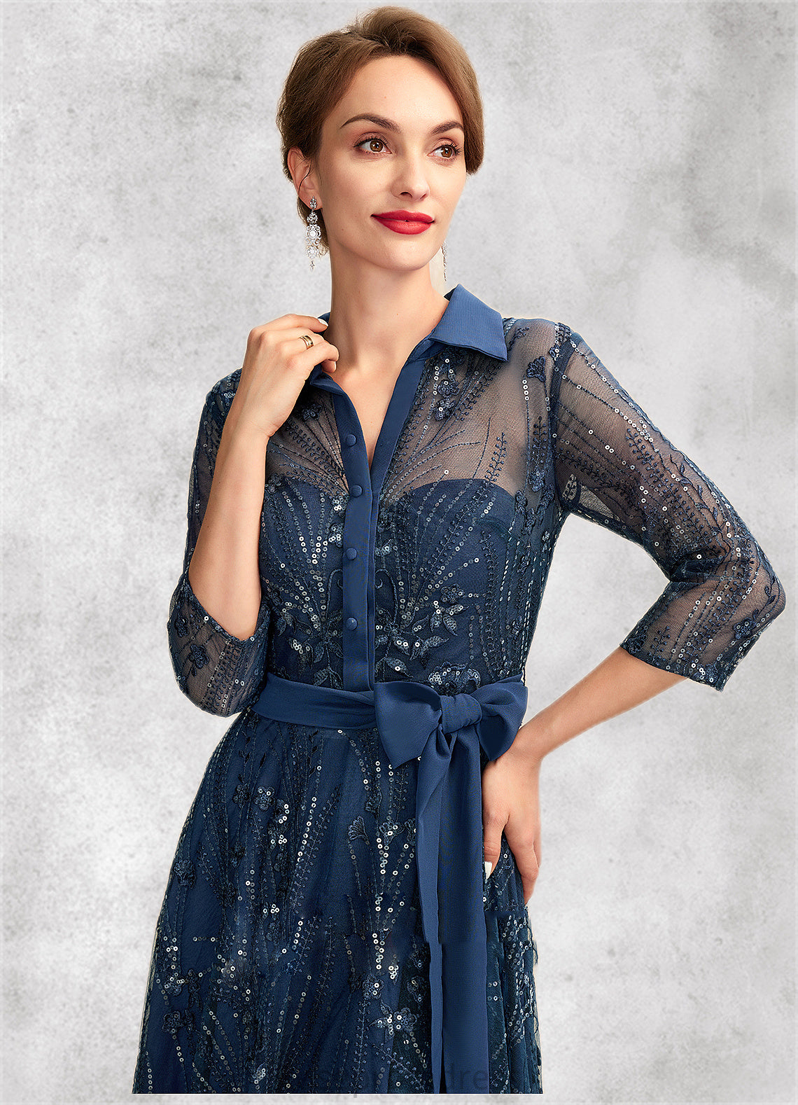 Sarah A-Line V-neck Tea-Length Chiffon Lace Mother of the Bride Dress With Sequins Bow(s) SRS126P0015017