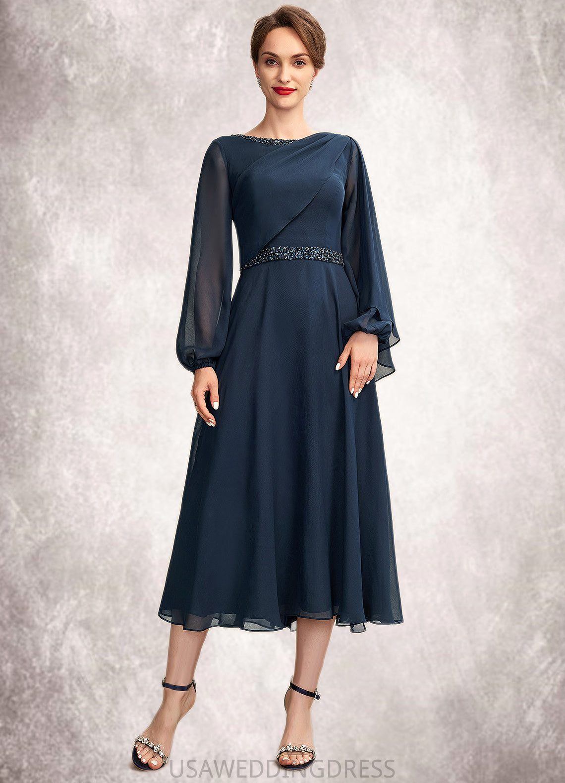 Avery A-Line Scoop Neck Tea-Length Chiffon Mother of the Bride Dress With Beading Sequins DS126P0015018