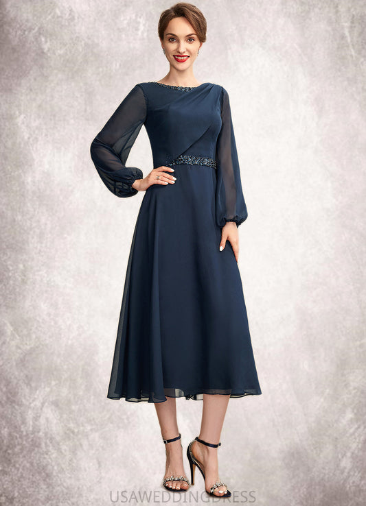 Avery A-Line Scoop Neck Tea-Length Chiffon Mother of the Bride Dress With Beading Sequins DS126P0015018