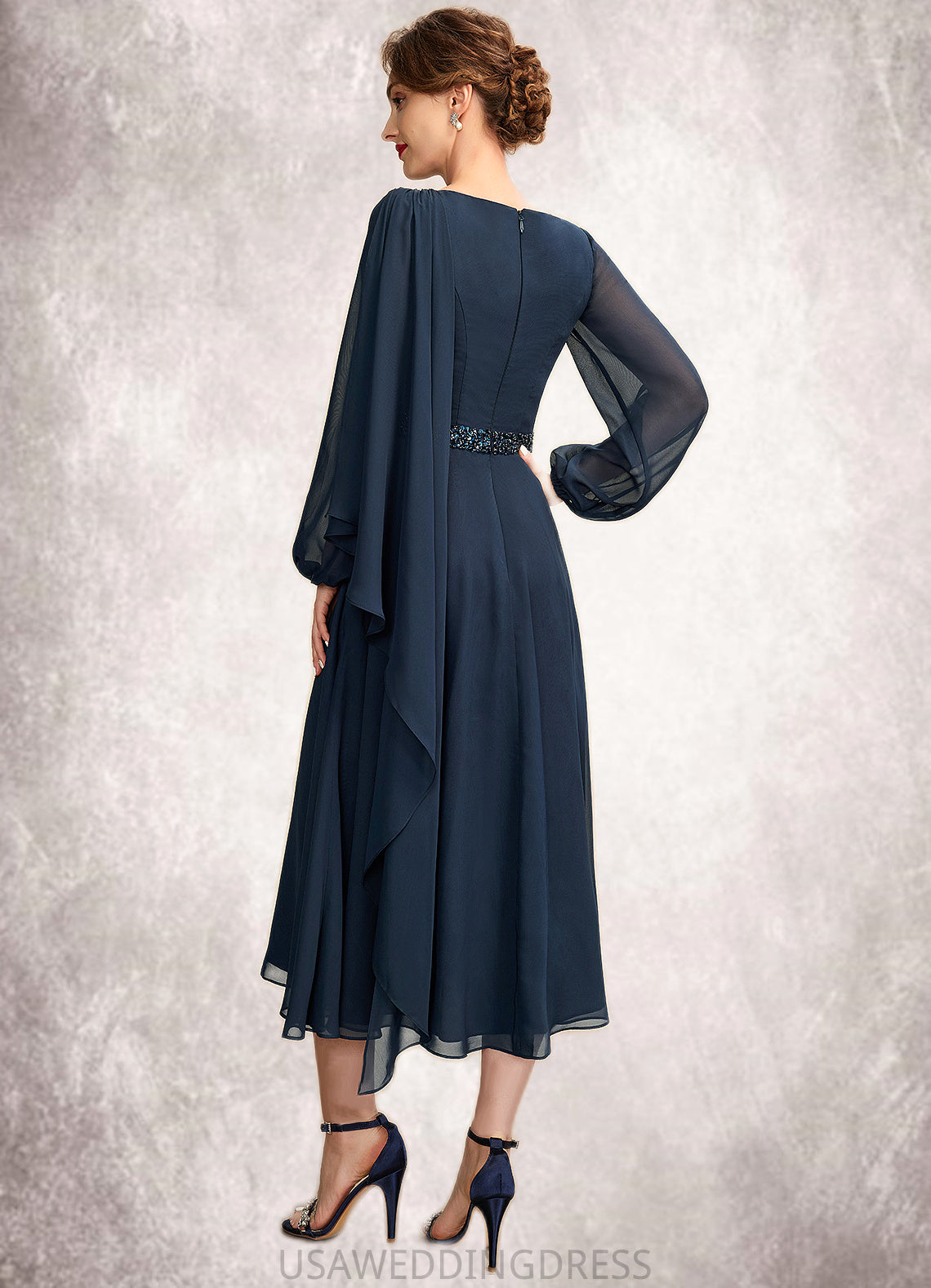 Avery A-Line Scoop Neck Tea-Length Chiffon Mother of the Bride Dress With Beading Sequins DS126P0015018