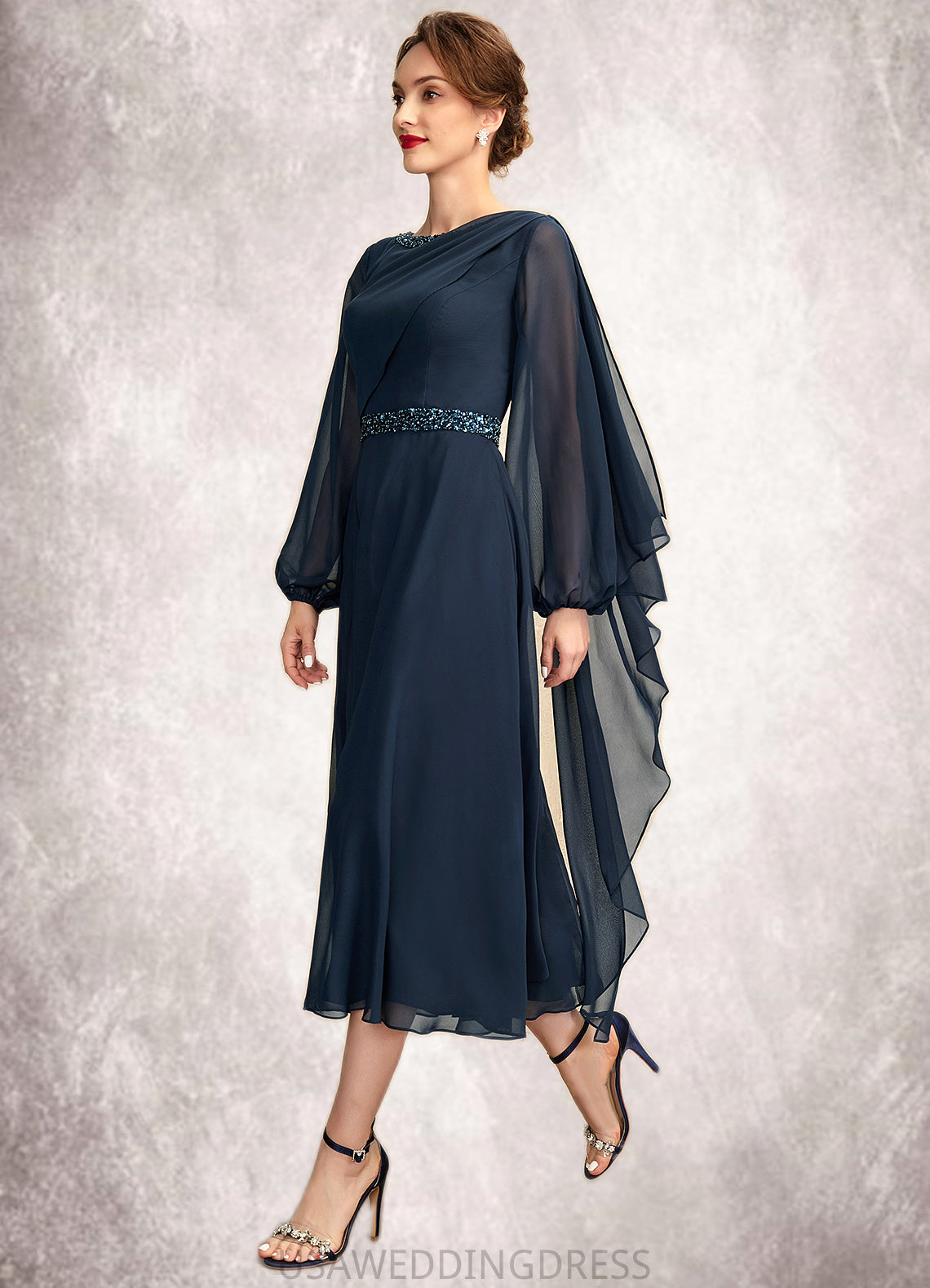 Avery A-Line Scoop Neck Tea-Length Chiffon Mother of the Bride Dress With Beading Sequins DS126P0015018