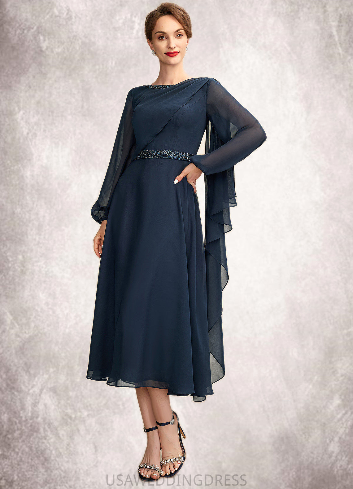 Avery A-Line Scoop Neck Tea-Length Chiffon Mother of the Bride Dress With Beading Sequins DS126P0015018