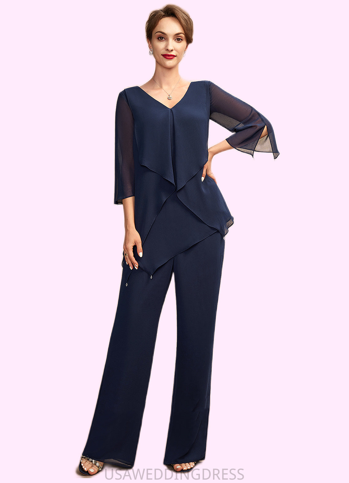 Evelin Jumpsuit/Pantsuit V-neck Floor-Length Chiffon Mother of the Bride Dress With Cascading Ruffles DS126P0015019