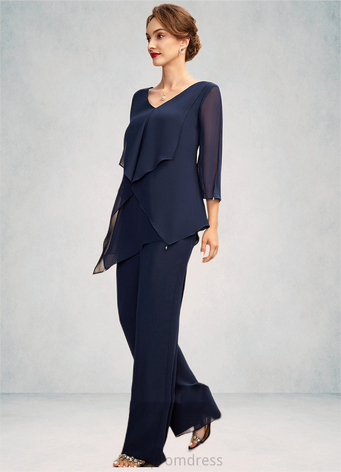 Chelsea Jumpsuit/Pantsuit V-neck Floor-Length Chiffon Mother of the Bride Dress With Cascading Ruffles SRS126P0015019