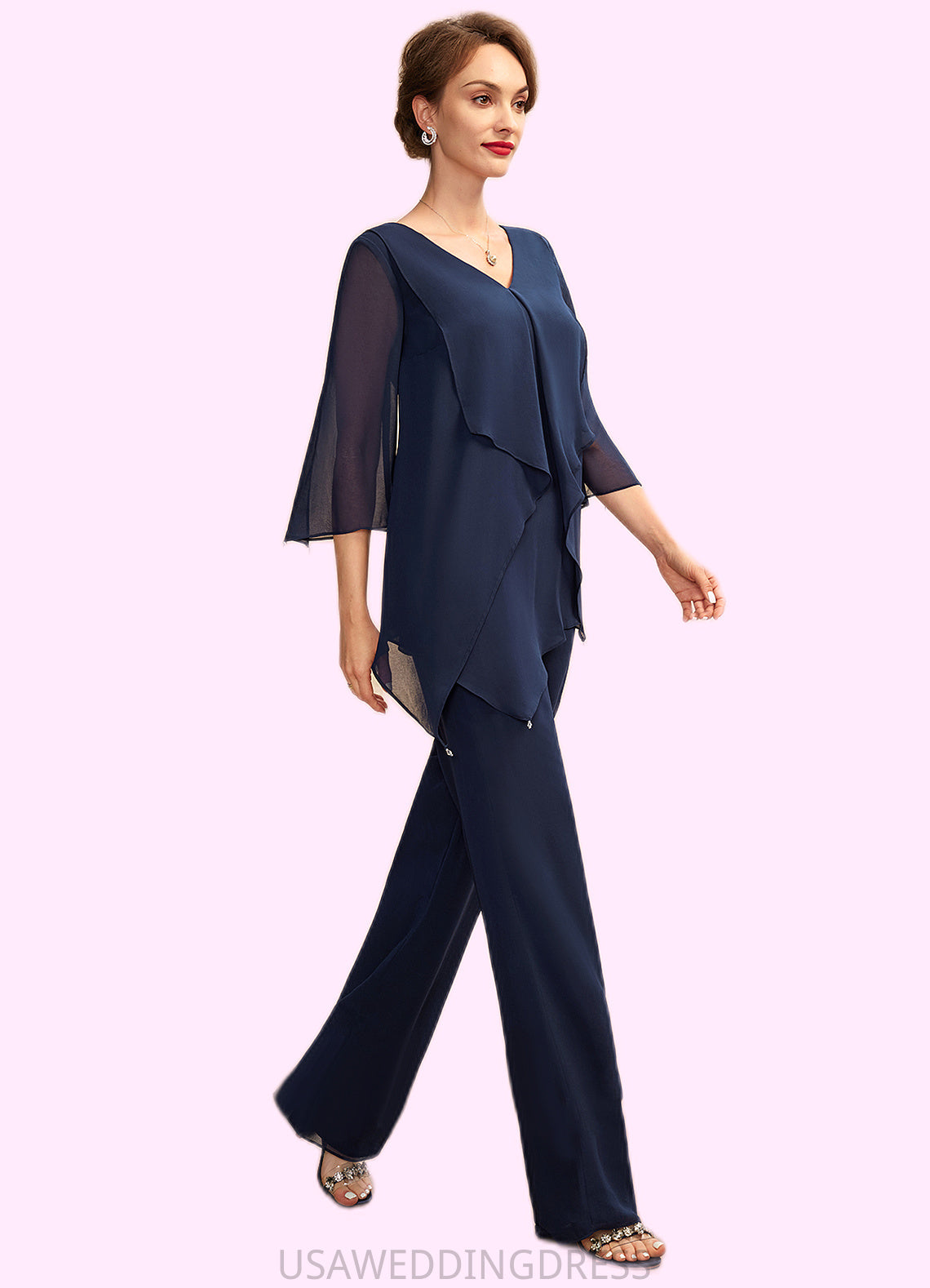 Evelin Jumpsuit/Pantsuit V-neck Floor-Length Chiffon Mother of the Bride Dress With Cascading Ruffles DS126P0015019