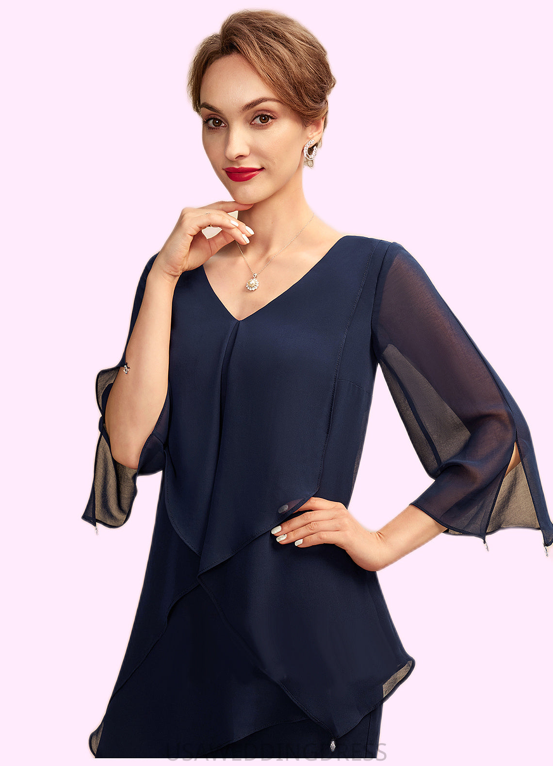 Evelin Jumpsuit/Pantsuit V-neck Floor-Length Chiffon Mother of the Bride Dress With Cascading Ruffles DS126P0015019