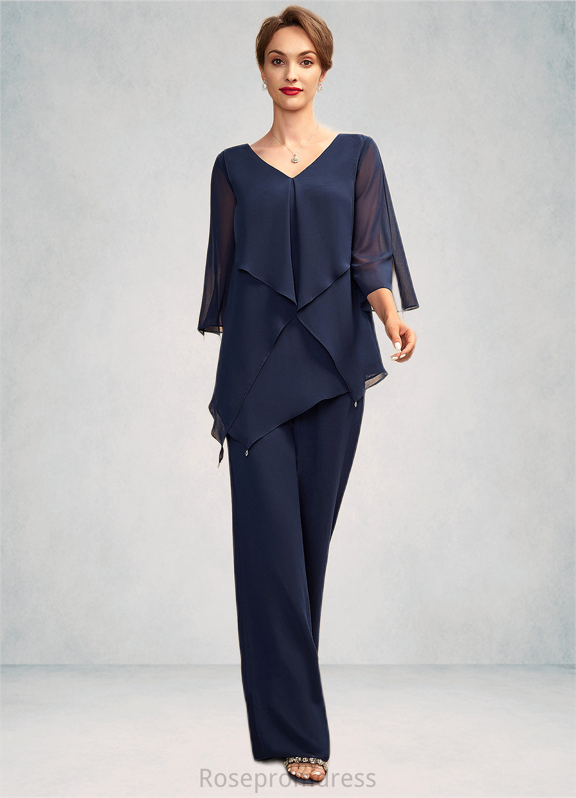 Chelsea Jumpsuit/Pantsuit V-neck Floor-Length Chiffon Mother of the Bride Dress With Cascading Ruffles SRS126P0015019