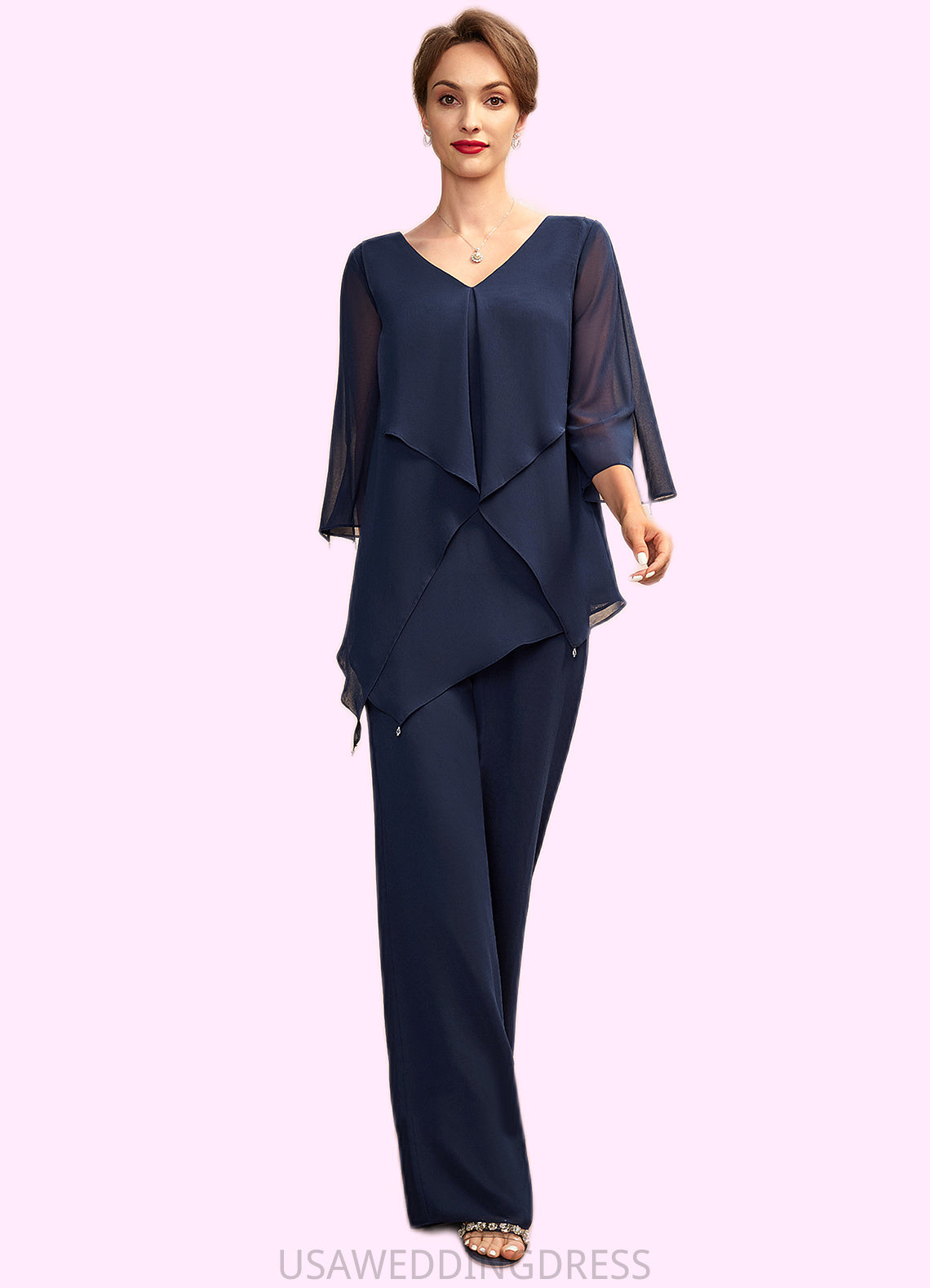 Evelin Jumpsuit/Pantsuit V-neck Floor-Length Chiffon Mother of the Bride Dress With Cascading Ruffles DS126P0015019