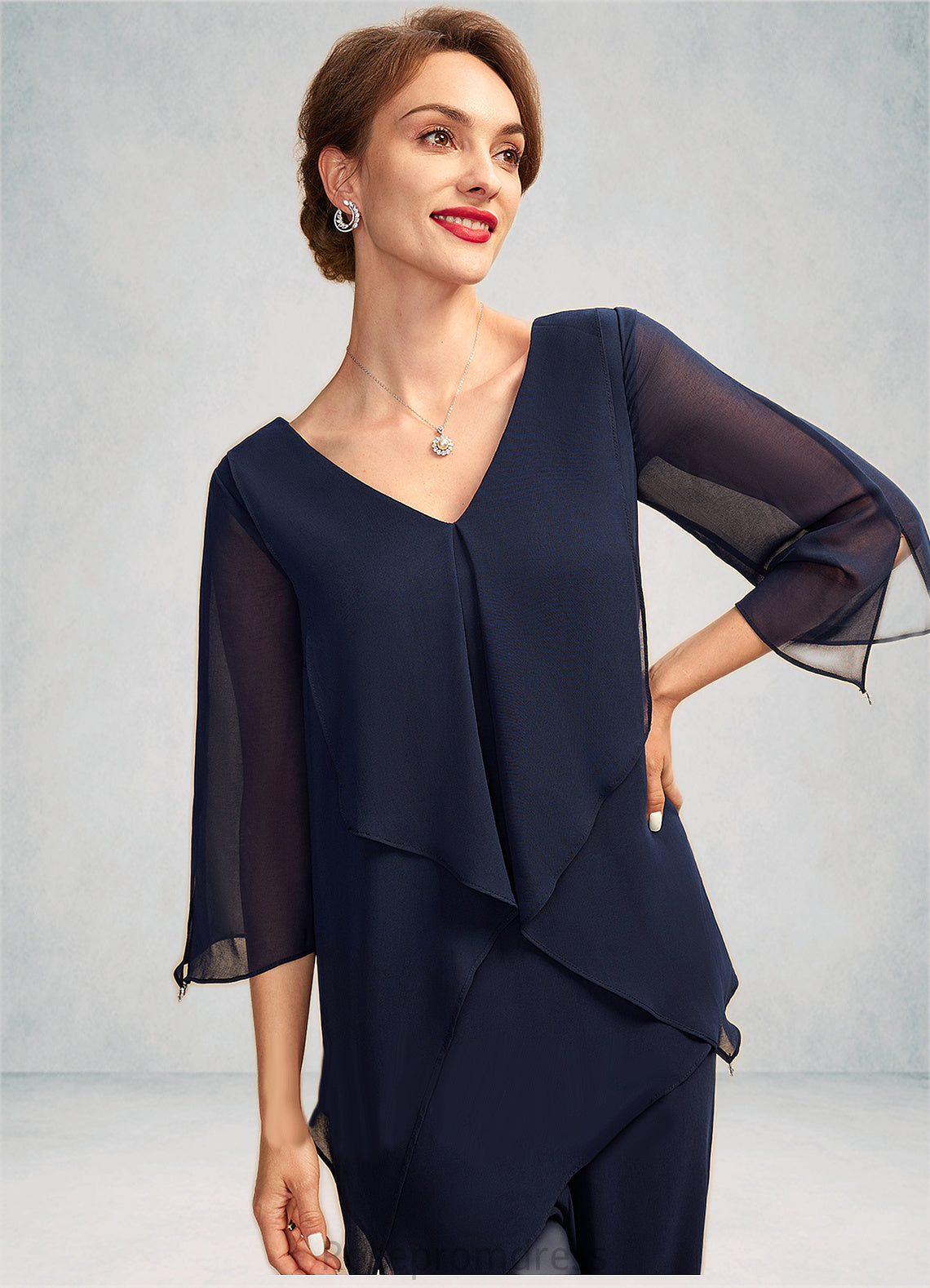 Chelsea Jumpsuit/Pantsuit V-neck Floor-Length Chiffon Mother of the Bride Dress With Cascading Ruffles SRS126P0015019