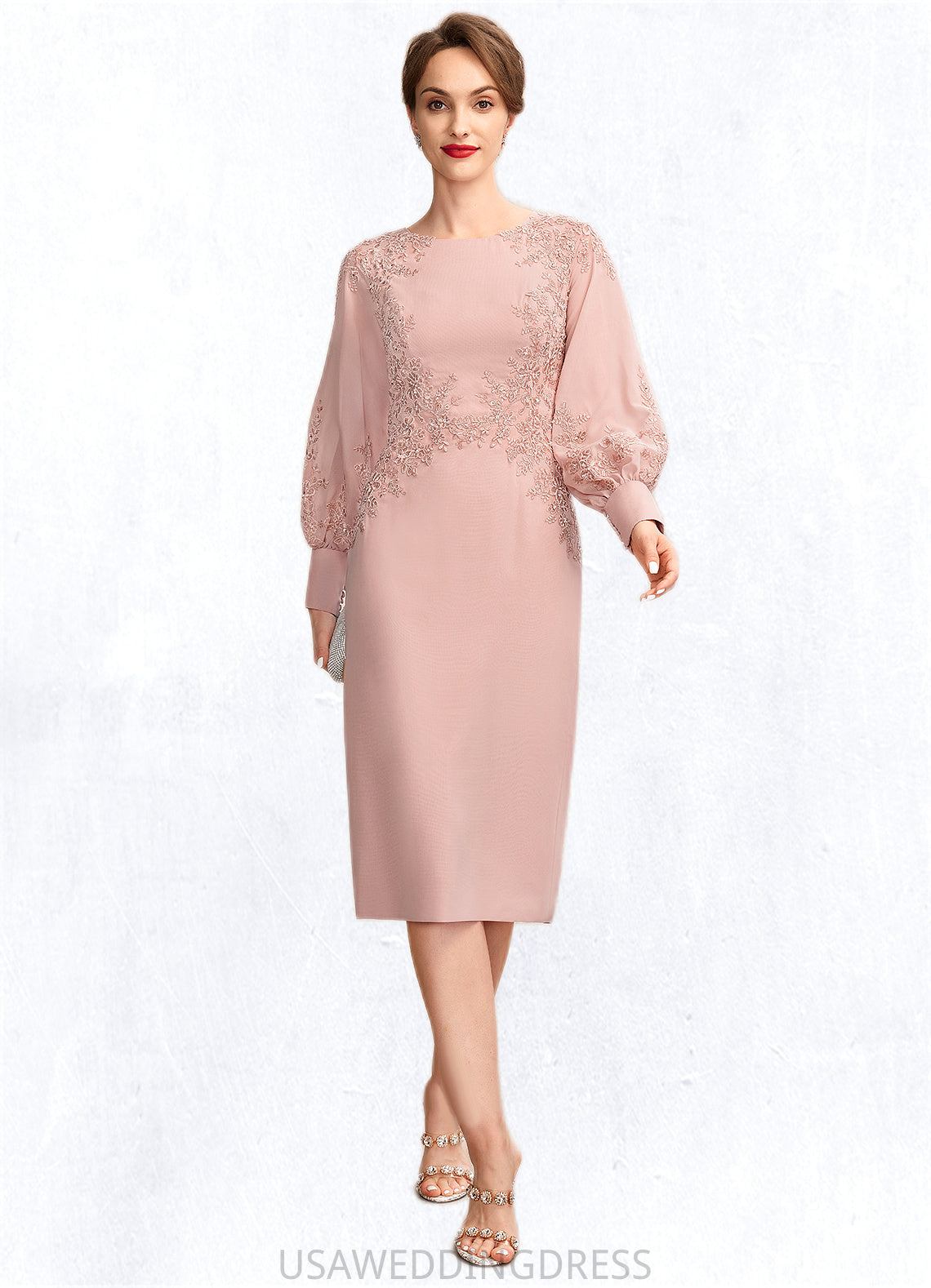 Mia Sheath/Column Scoop Neck Knee-Length Chiffon Lace Mother of the Bride Dress With Beading Sequins DS126P0015020