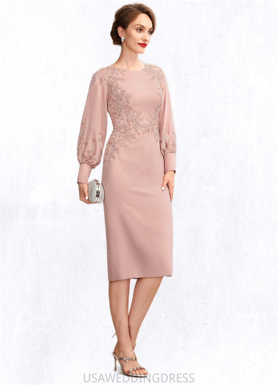 Mia Sheath/Column Scoop Neck Knee-Length Chiffon Lace Mother of the Bride Dress With Beading Sequins DS126P0015020