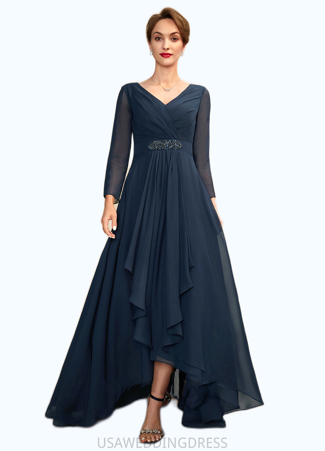 Lily A-Line V-neck Asymmetrical Chiffon Mother of the Bride Dress With Ruffle Beading Bow(s) DS126P0015021