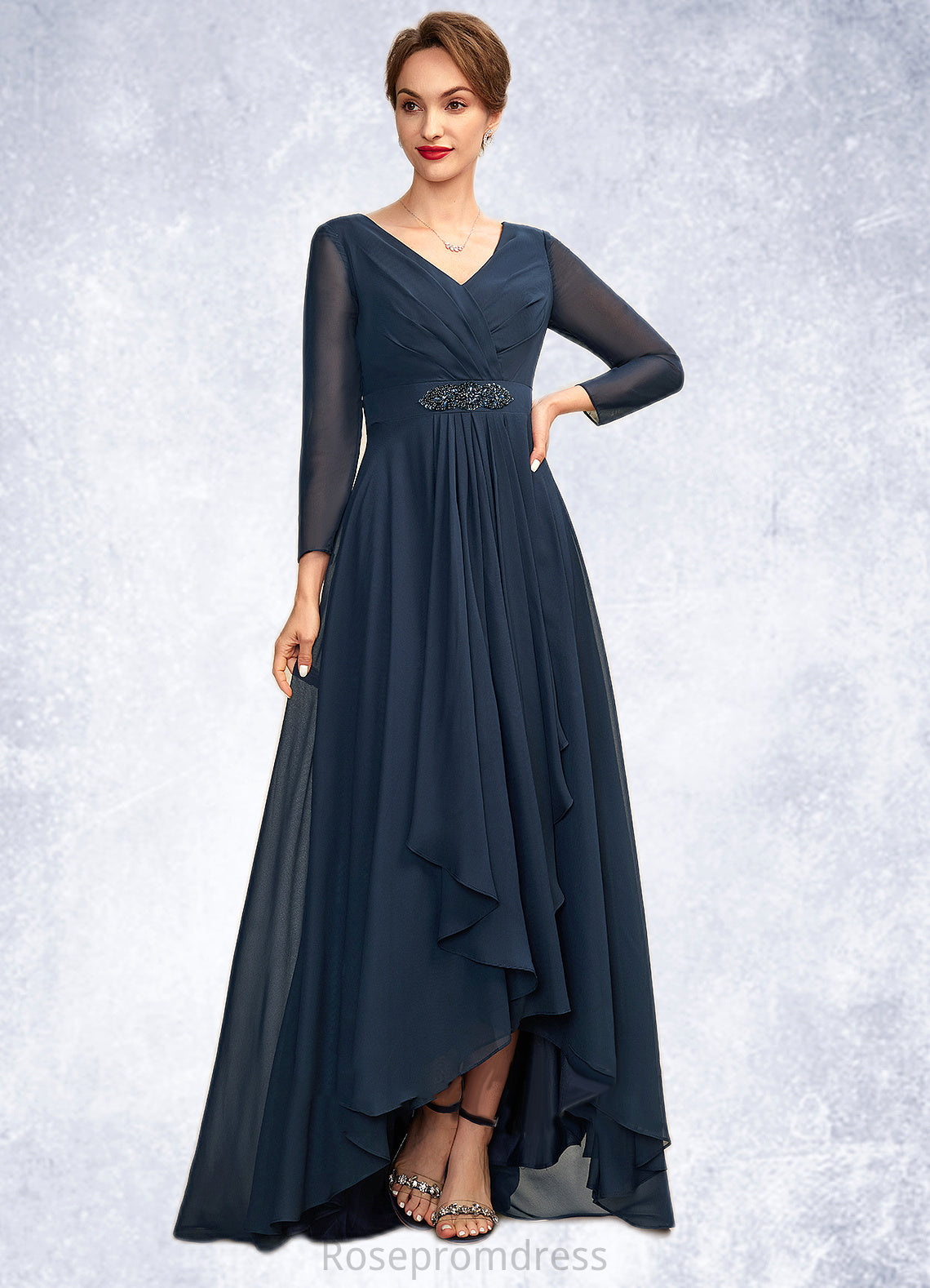 Mia A-Line V-neck Asymmetrical Chiffon Mother of the Bride Dress With Ruffle Beading Bow(s) SRS126P0015021
