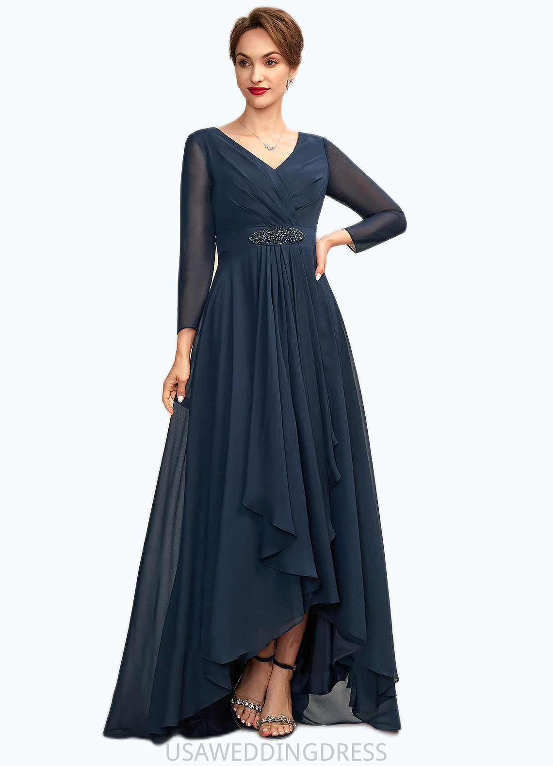 Lily A-Line V-neck Asymmetrical Chiffon Mother of the Bride Dress With Ruffle Beading Bow(s) DS126P0015021