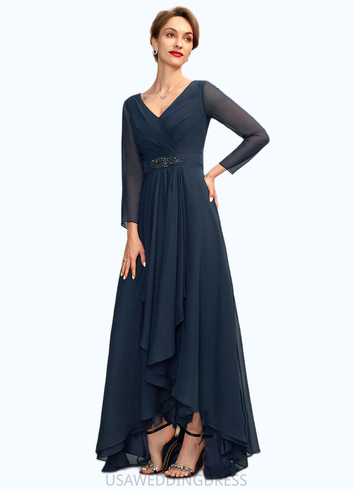 Lily A-Line V-neck Asymmetrical Chiffon Mother of the Bride Dress With Ruffle Beading Bow(s) DS126P0015021