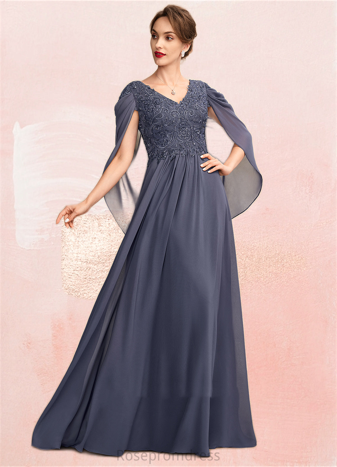 Paulina A-Line V-neck Floor-Length Chiffon Lace Mother of the Bride Dress With Beading Sequins SRS126P0015022
