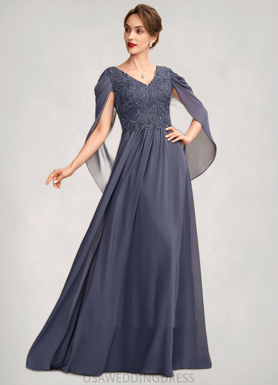 Kathleen A-Line V-neck Floor-Length Chiffon Lace Mother of the Bride Dress With Beading Sequins DS126P0015022