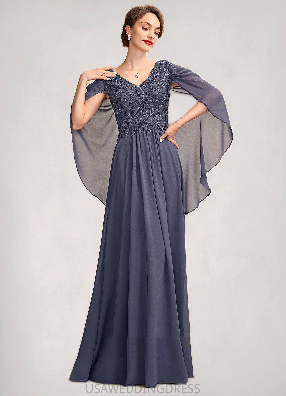 Kathleen A-Line V-neck Floor-Length Chiffon Lace Mother of the Bride Dress With Beading Sequins DS126P0015022