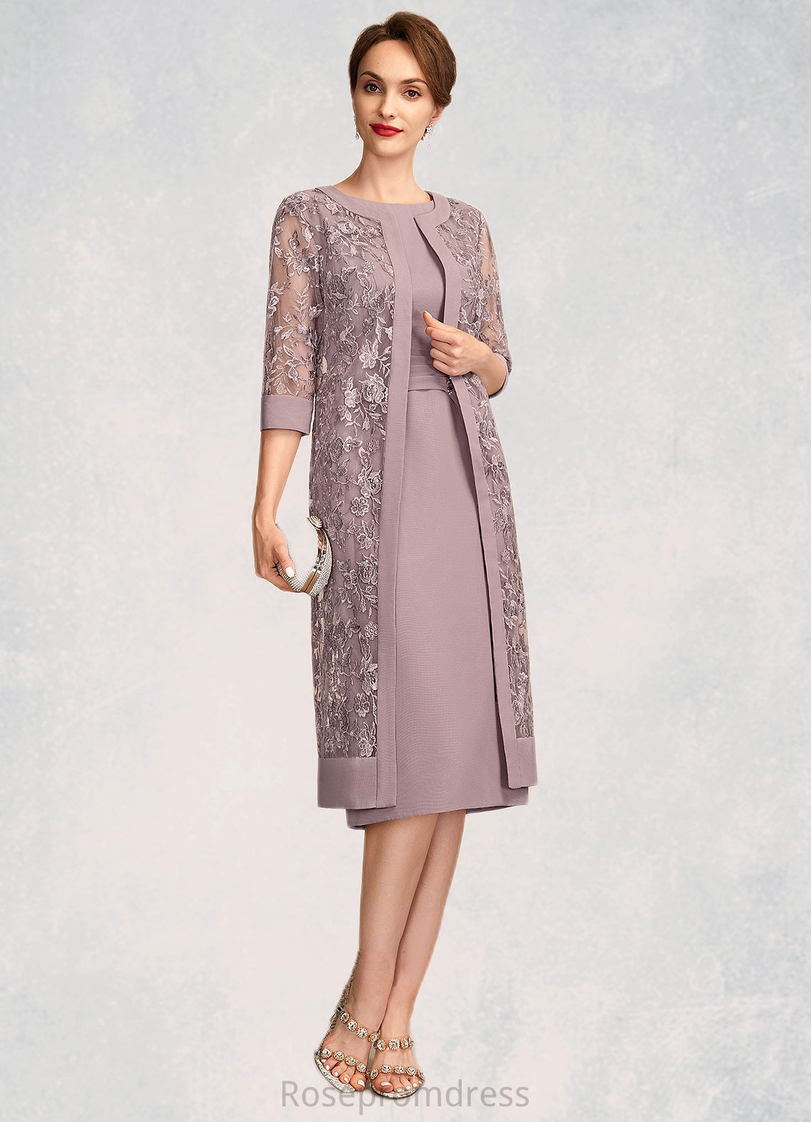 Hazel Sheath/Column Scoop Neck Knee-Length Chiffon Mother of the Bride Dress With Ruffle Sequins SRS126P0015023