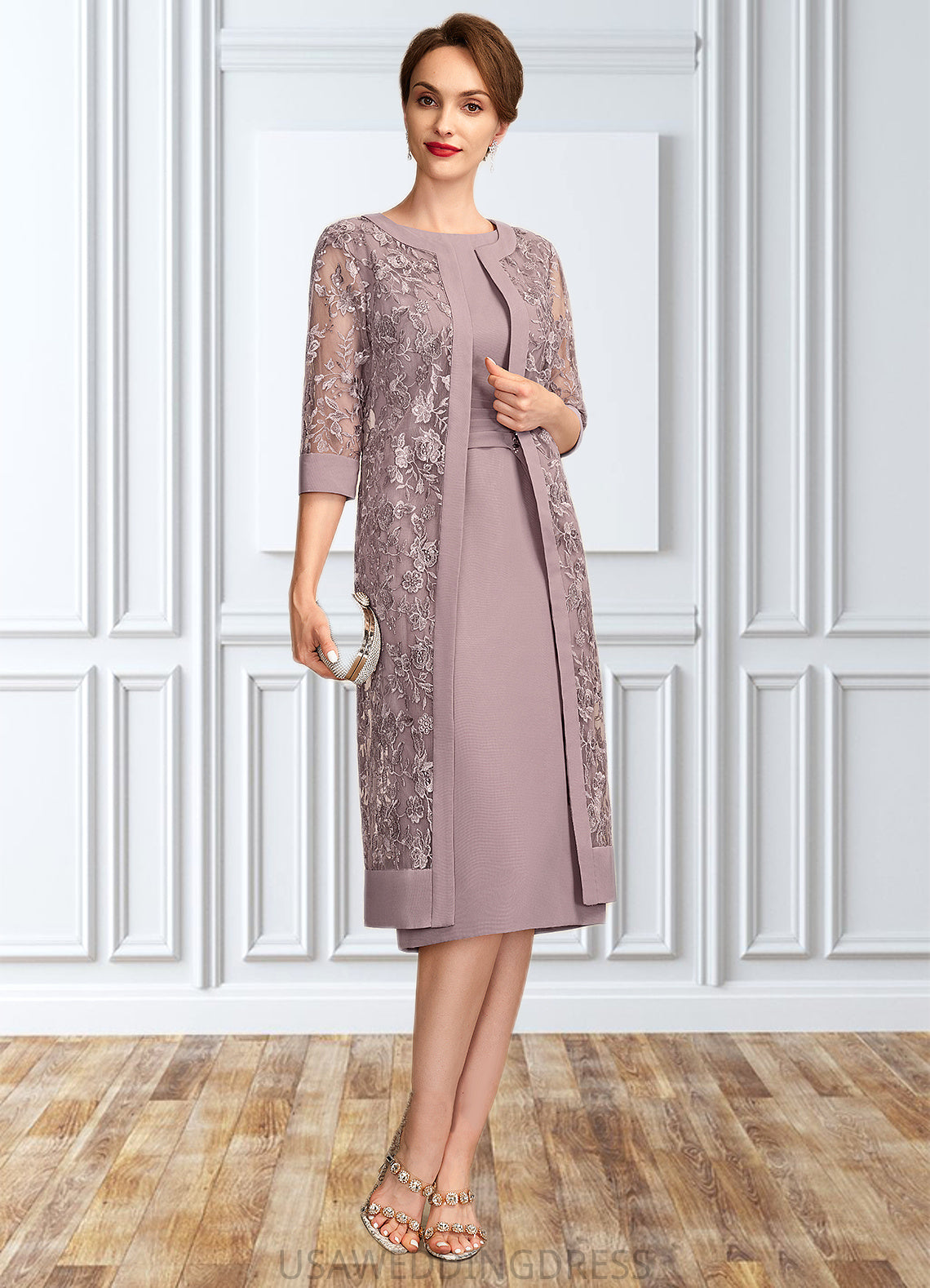 Destiney Sheath/Column Scoop Neck Knee-Length Chiffon Mother of the Bride Dress With Ruffle Sequins DS126P0015023