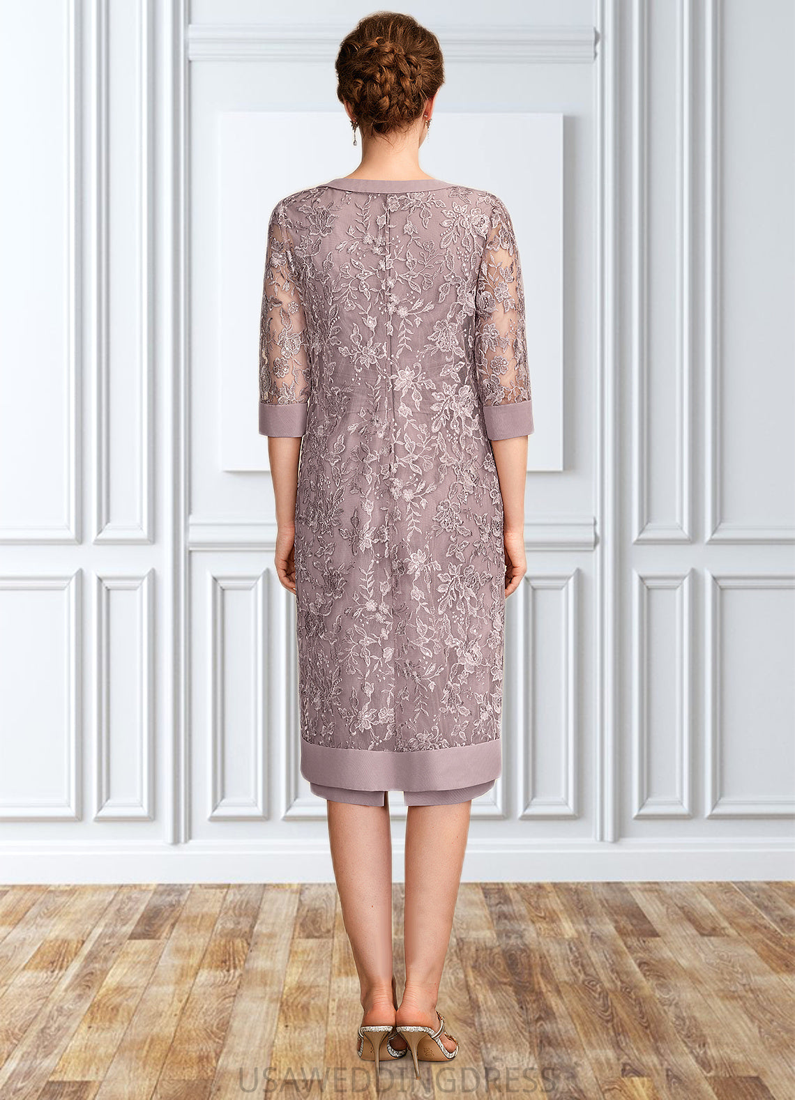 Destiney Sheath/Column Scoop Neck Knee-Length Chiffon Mother of the Bride Dress With Ruffle Sequins DS126P0015023