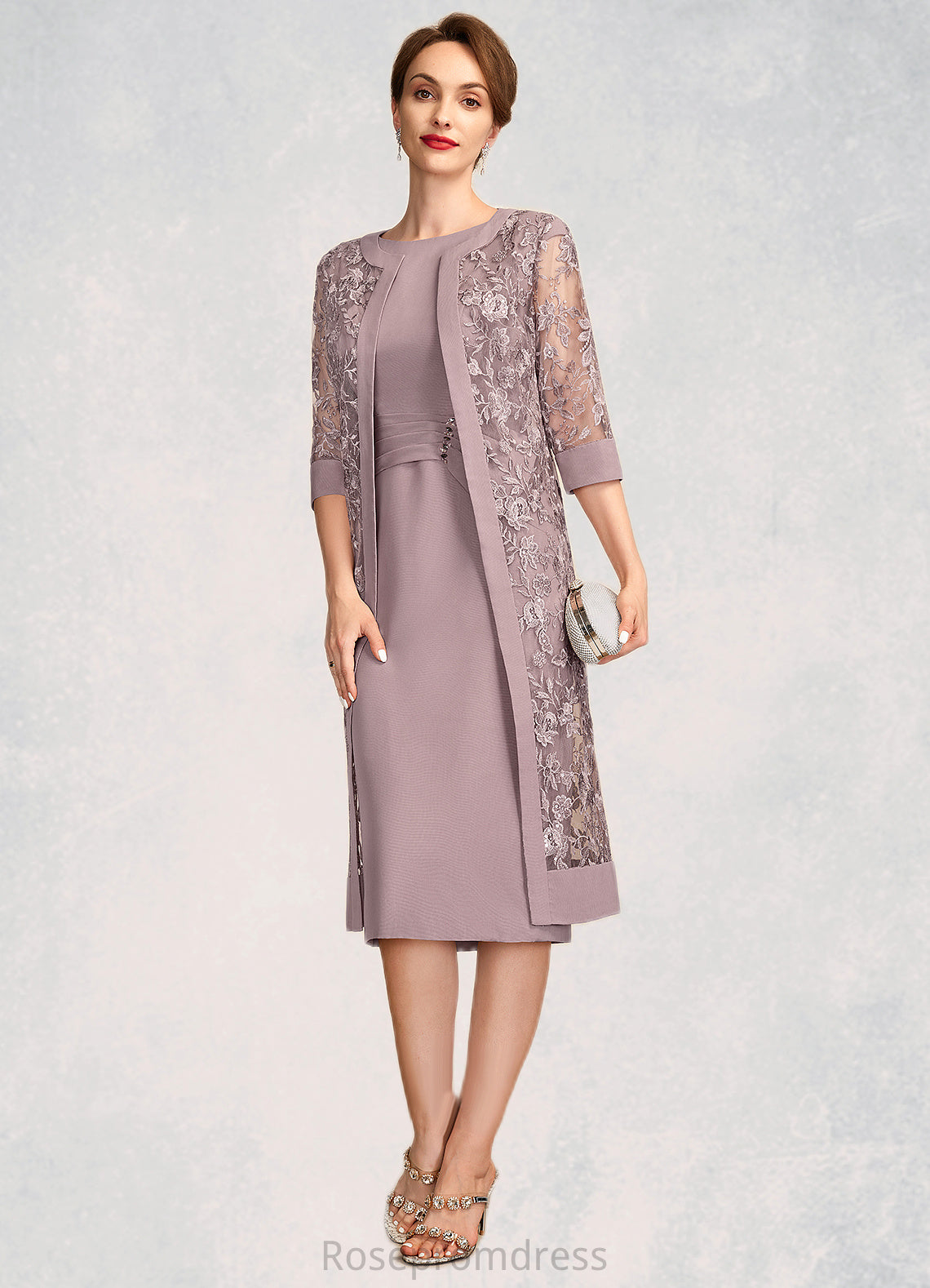 Hazel Sheath/Column Scoop Neck Knee-Length Chiffon Mother of the Bride Dress With Ruffle Sequins SRS126P0015023