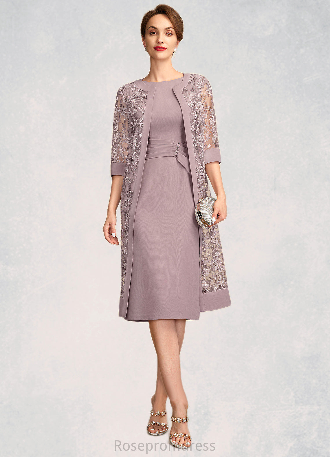 Hazel Sheath/Column Scoop Neck Knee-Length Chiffon Mother of the Bride Dress With Ruffle Sequins SRS126P0015023
