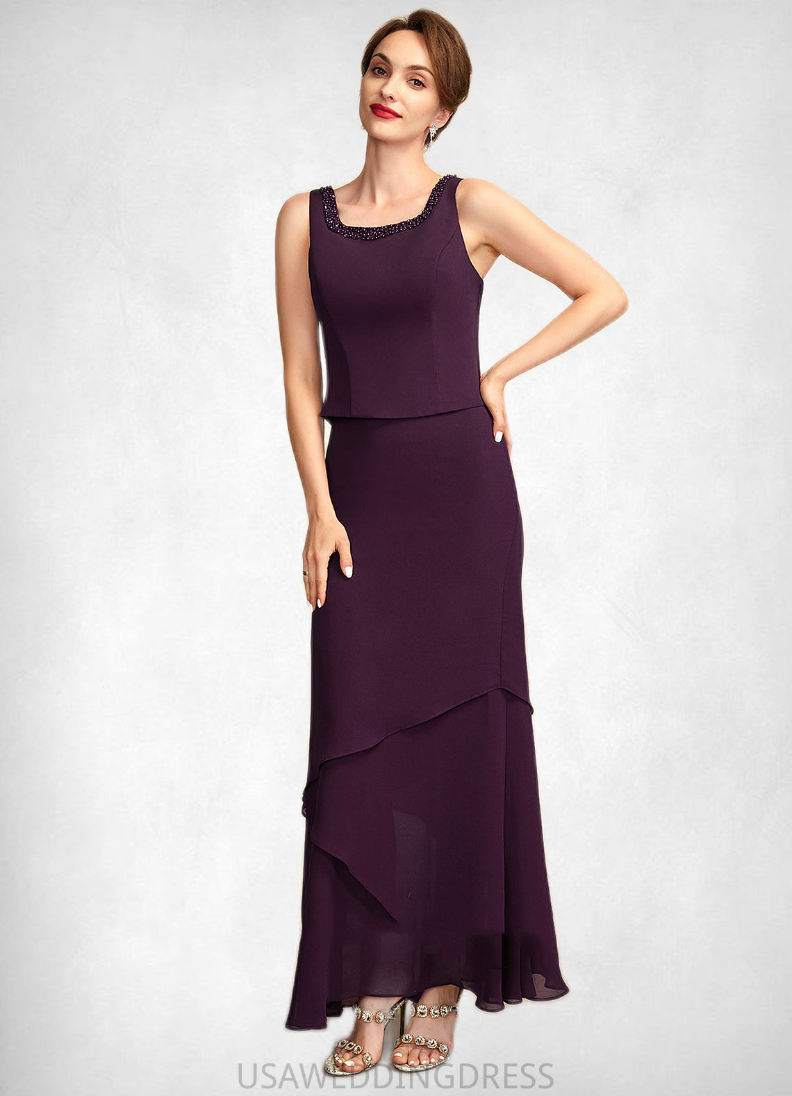 Gisselle Sheath/Column Scoop Neck Ankle-Length Chiffon Mother of the Bride Dress With Beading Sequins DS126P0015024