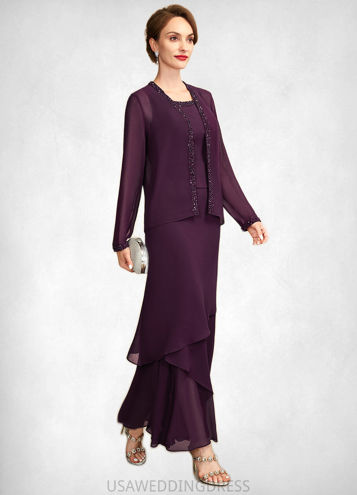 Gisselle Sheath/Column Scoop Neck Ankle-Length Chiffon Mother of the Bride Dress With Beading Sequins DS126P0015024