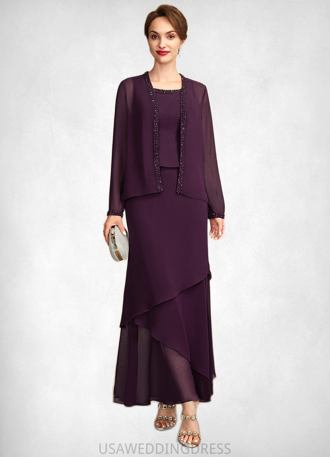 Gisselle Sheath/Column Scoop Neck Ankle-Length Chiffon Mother of the Bride Dress With Beading Sequins DS126P0015024