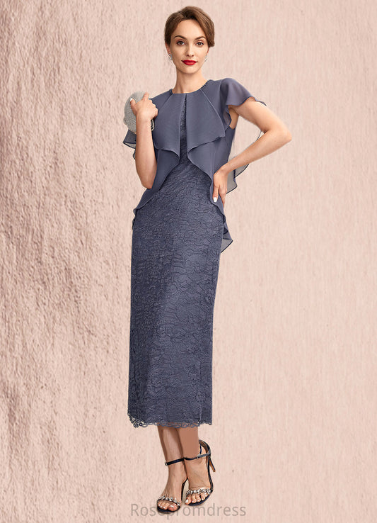 Allison Sheath/Column Scoop Neck Tea-Length Chiffon Lace Mother of the Bride Dress With Beading Cascading Ruffles SRS126P0015025