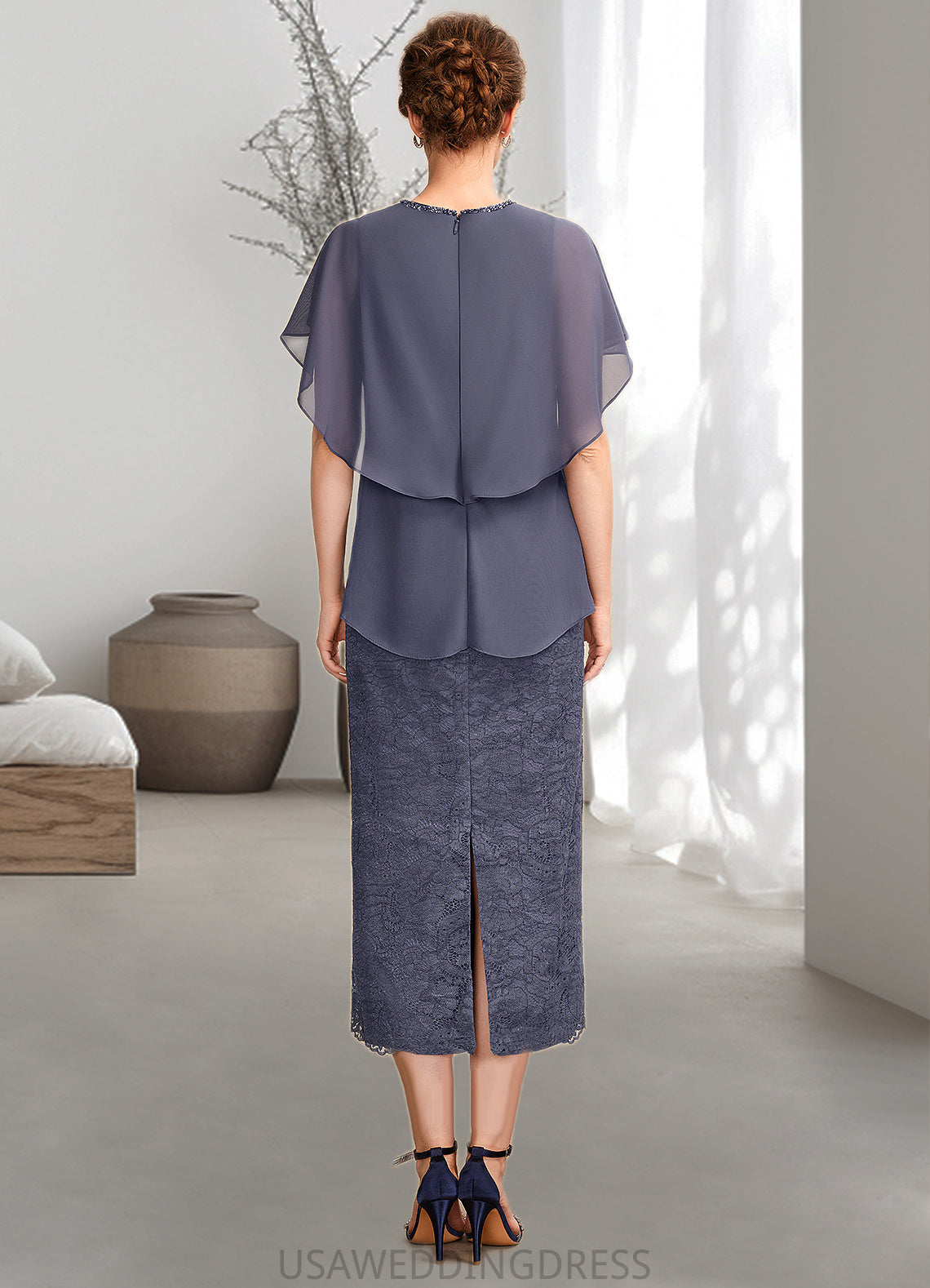 Dayanara Sheath/Column Scoop Neck Tea-Length Chiffon Lace Mother of the Bride Dress With Beading Cascading Ruffles DS126P0015025