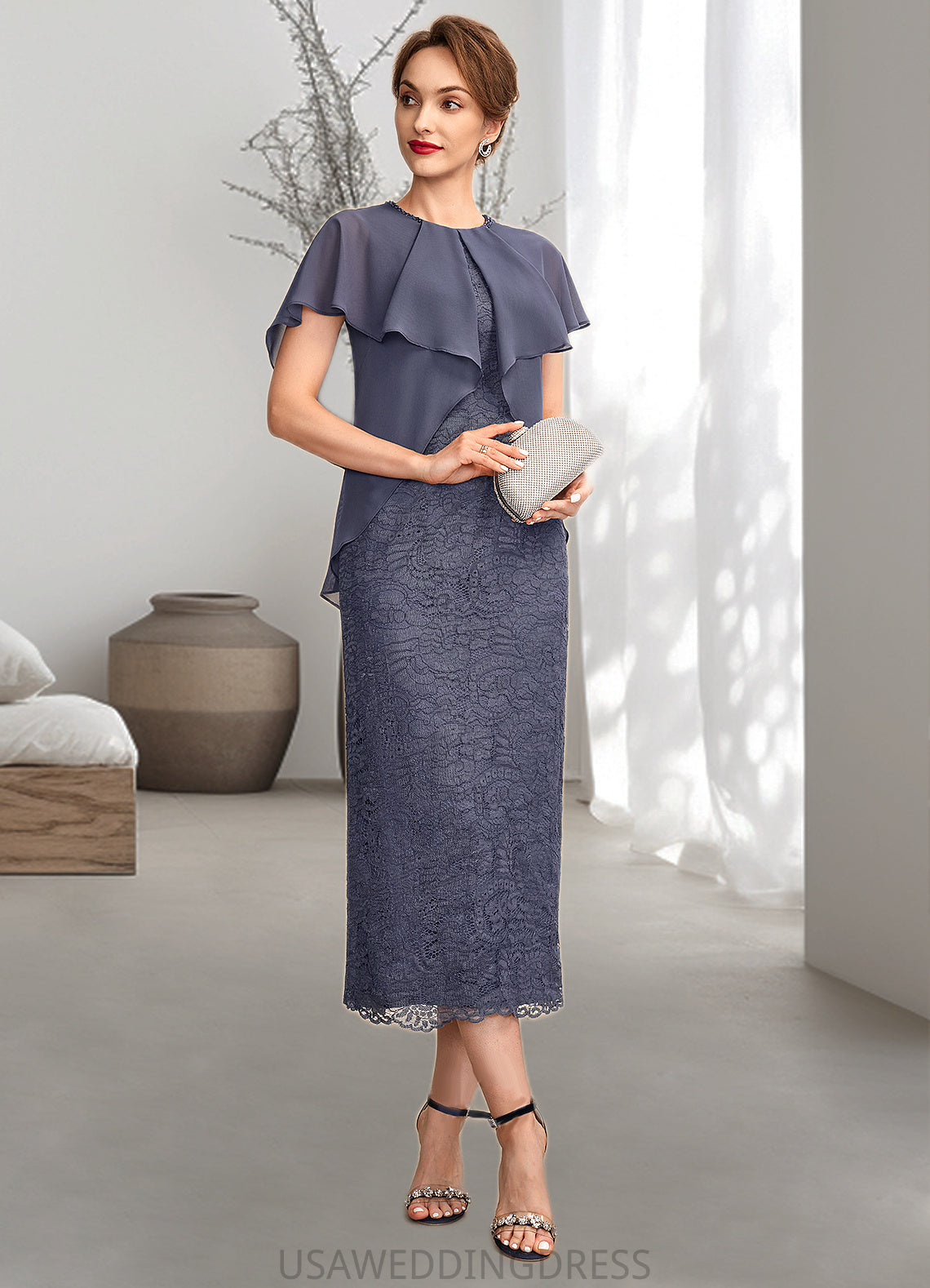 Dayanara Sheath/Column Scoop Neck Tea-Length Chiffon Lace Mother of the Bride Dress With Beading Cascading Ruffles DS126P0015025