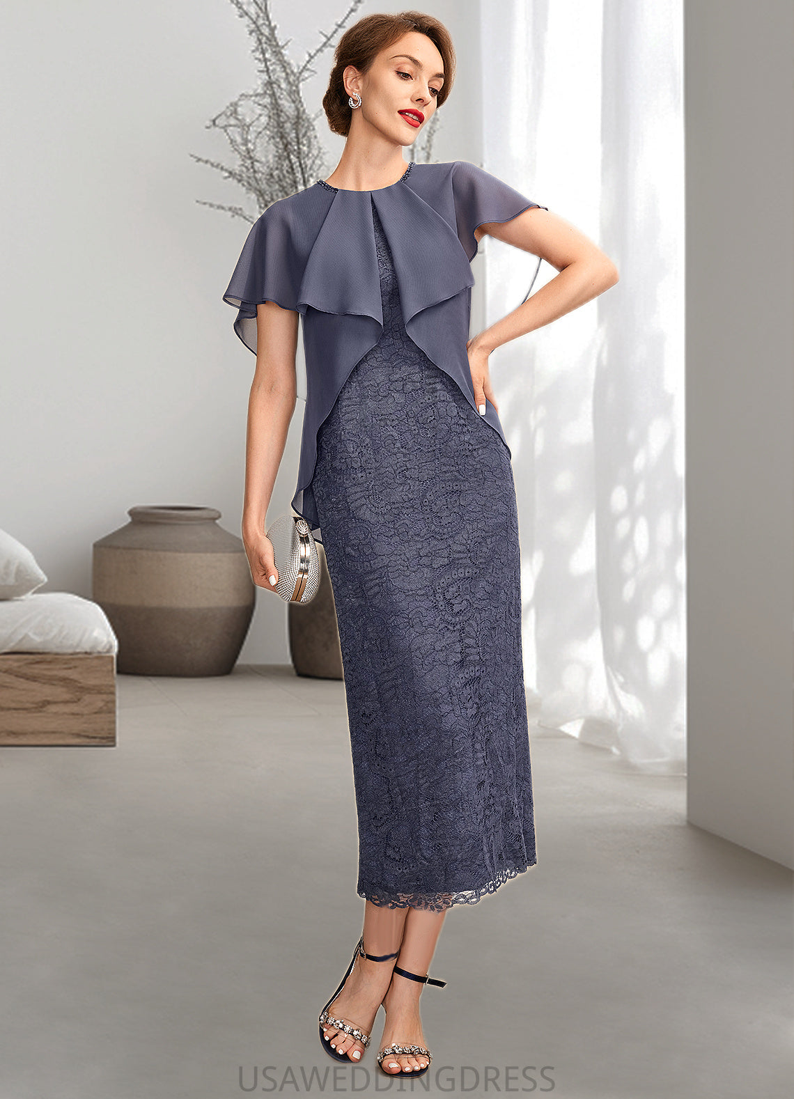 Dayanara Sheath/Column Scoop Neck Tea-Length Chiffon Lace Mother of the Bride Dress With Beading Cascading Ruffles DS126P0015025