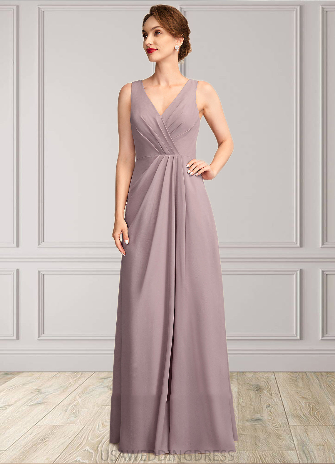 Ida A-Line V-neck Floor-Length Chiffon Mother of the Bride Dress With Ruffle DS126P0015026