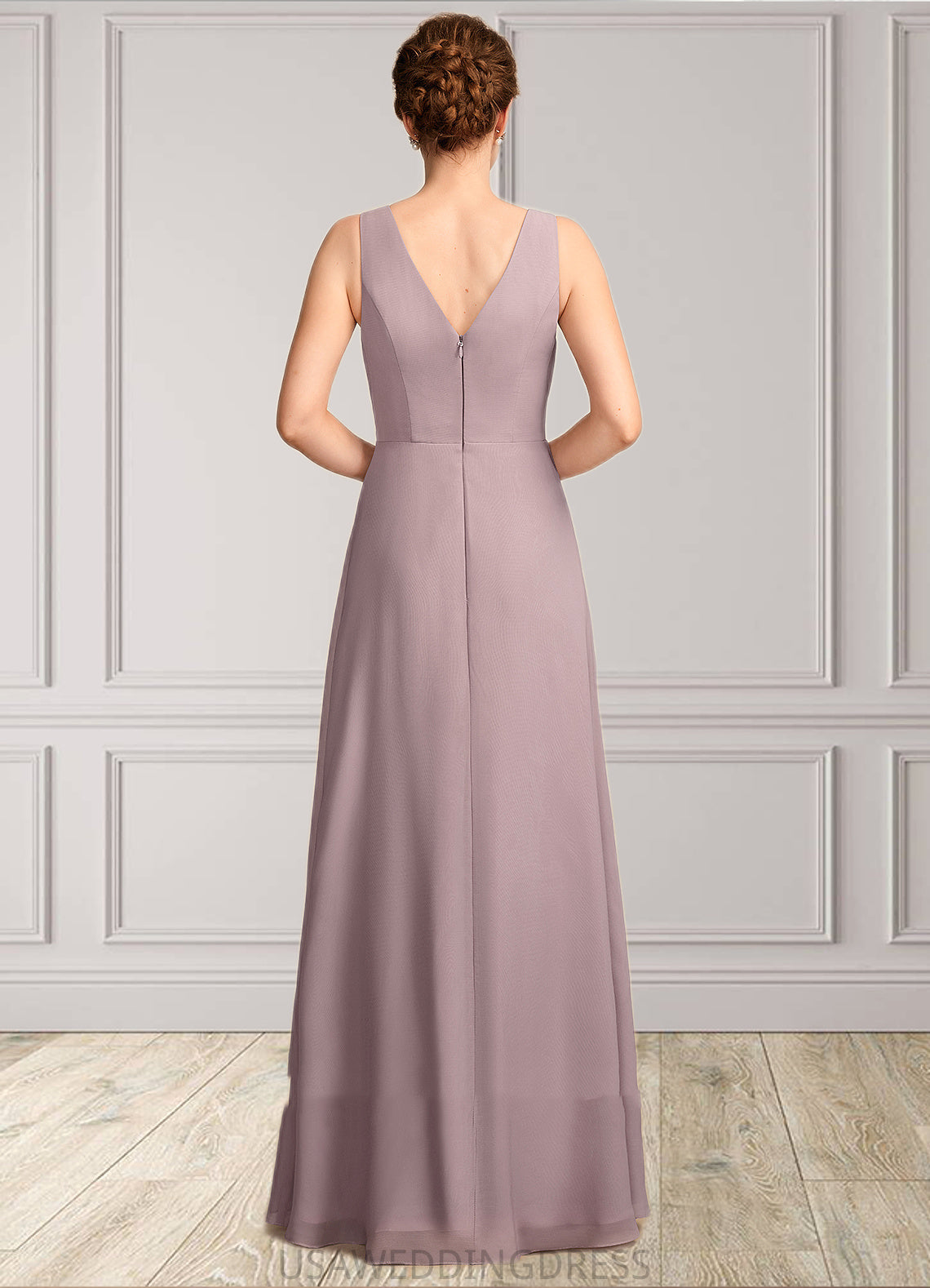 Ida A-Line V-neck Floor-Length Chiffon Mother of the Bride Dress With Ruffle DS126P0015026